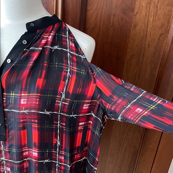 Nicole Miller Red and Black Plaid Cold Shoulder Blouse - Picture 3 of 10